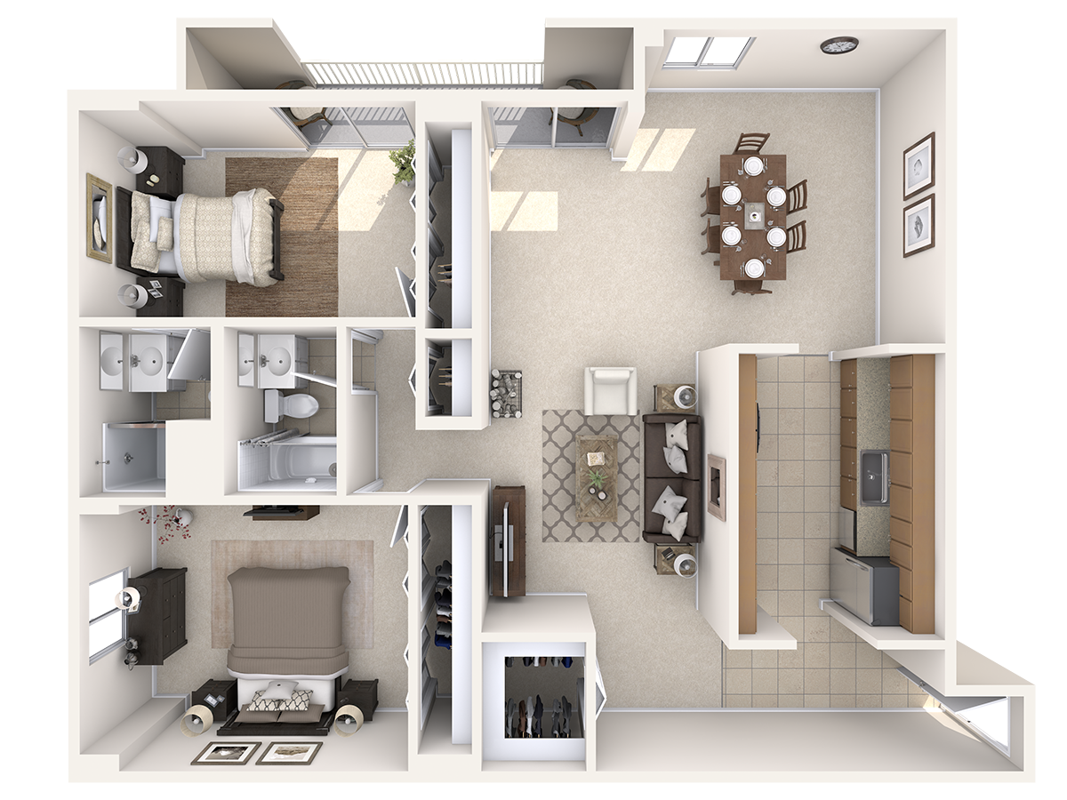 Floor plan for 2 beds, 2 baths, 1359 sqft