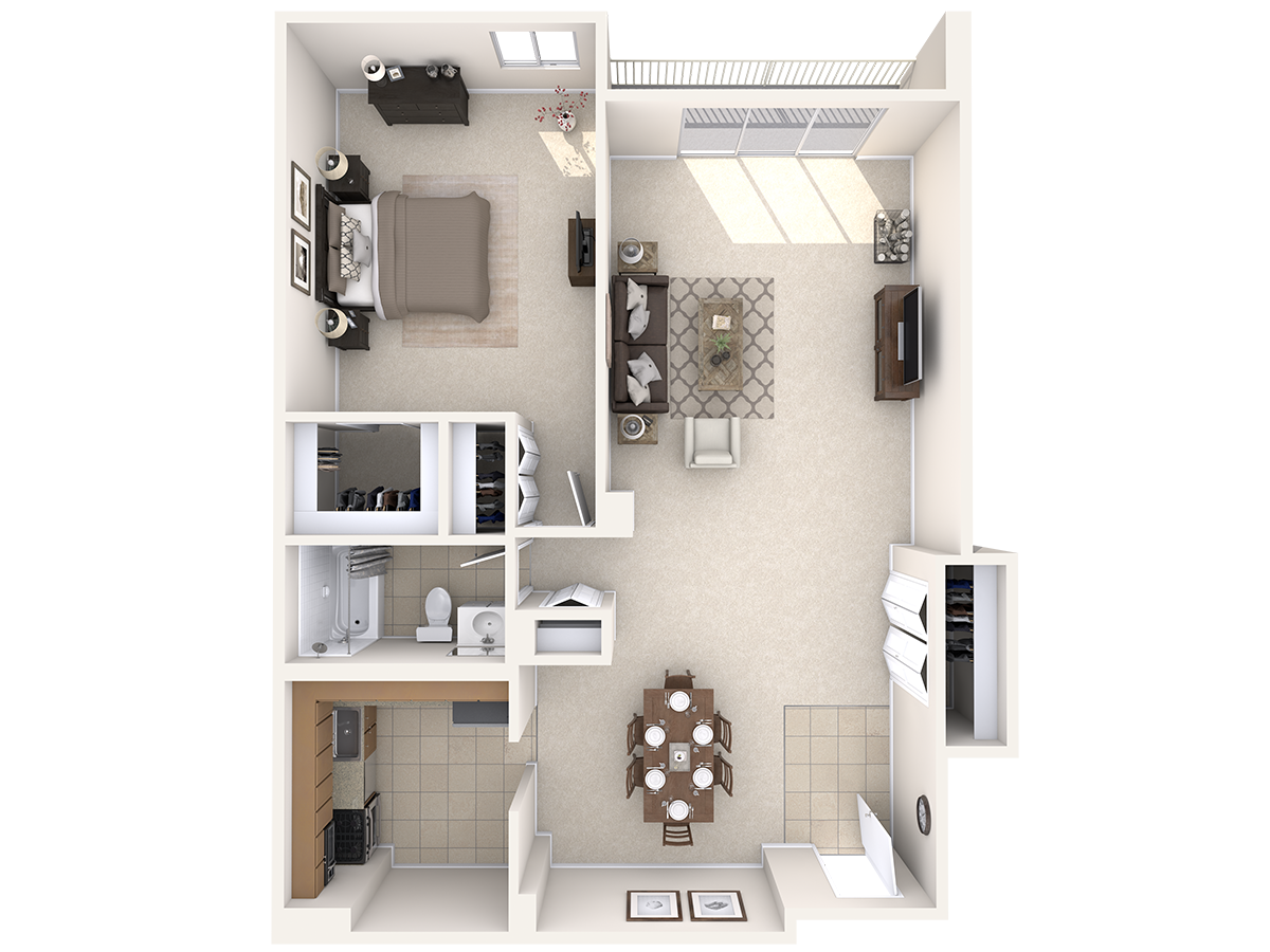 Floor plan for 1 bed, 1 bath, 893 sqft