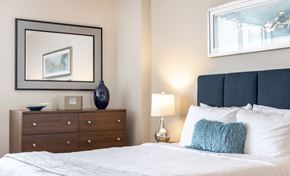 Chevy Chase apartment for rent - a bedroom with a bed and a dresser with a picture