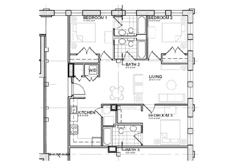 Floor plan for 3 beds, 3 baths, 1165 sqft