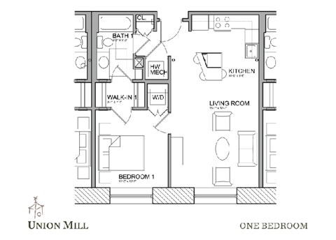 Floor plan for 1 bed, 1 bath, 927 sqft