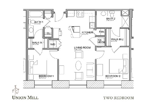Floor plan for 2 beds, 2 baths, 1050 sqft