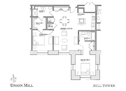 Floor plan for 2 beds, 2 baths, 1020 sqft