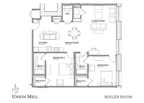 Floor plan for 2 beds, 2 baths, 1148 sqft