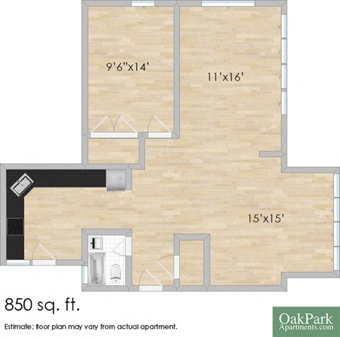 Floor plan for 1 bed, 1 bath, 875 sqft