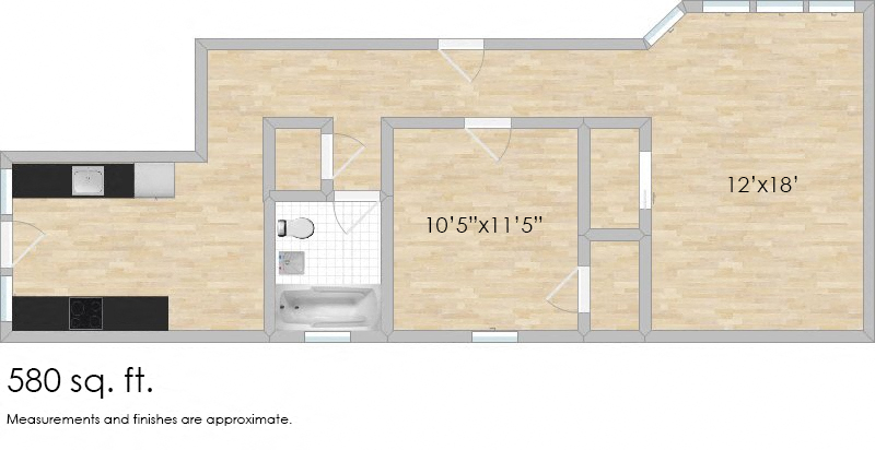 Floor plan for 1 bed, 1 bath, 640 sqft