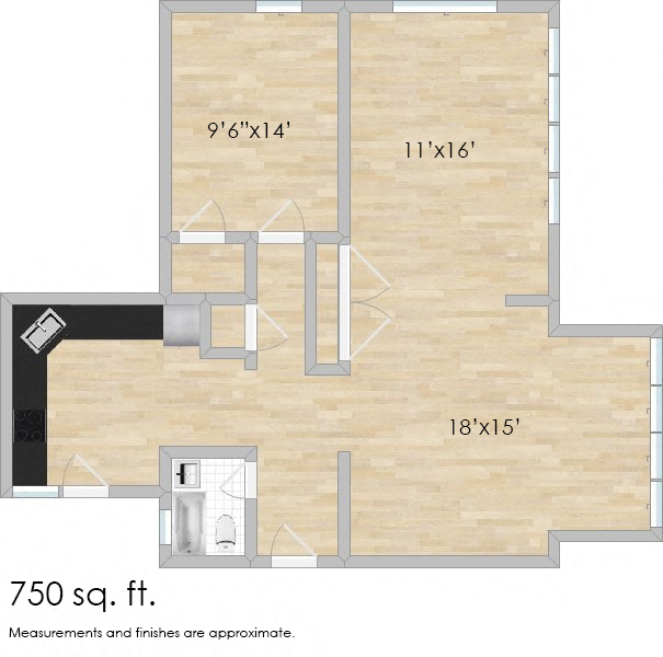 Floor plan for 1 bed, 1 bath, 850 sqft