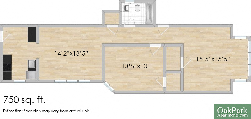 Floor plan for 1 bed, 1 bath, 830 sqft