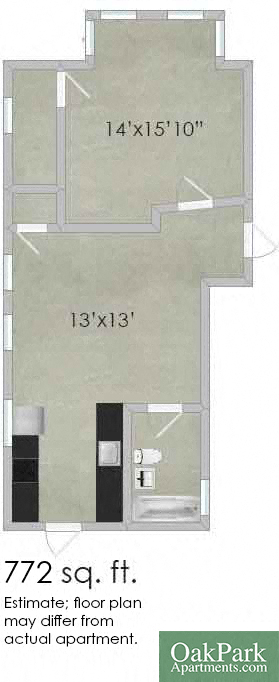 Floor plan for 1 bed, 1 bath, 730 sqft