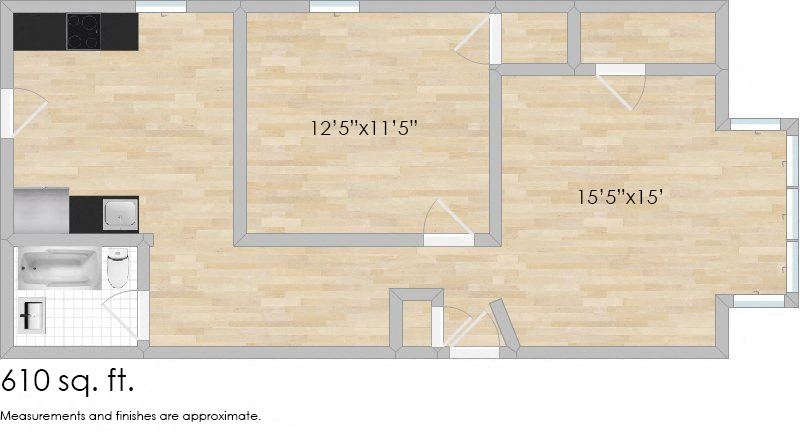 Floor plan for 1 bed, 1 bath, 772 sqft