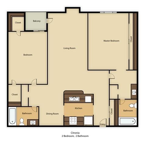 Floor plan for 2 beds, 2 baths, 1100 sqft