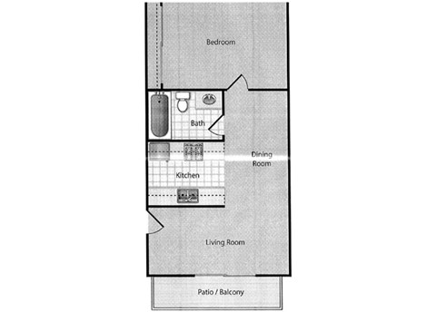 Floor plan for 1 bed, 1 bath, 600 sqft