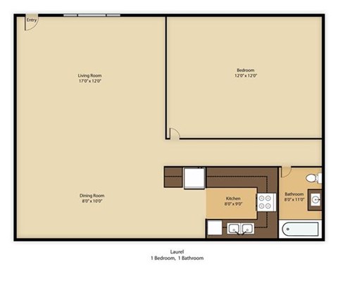 Floor plan for 1 bed, 1 bath, 738 sqft