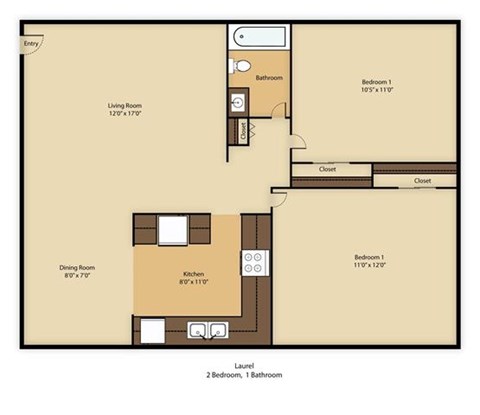 Floor plan for 2 beds, 1 bath, 856 sqft