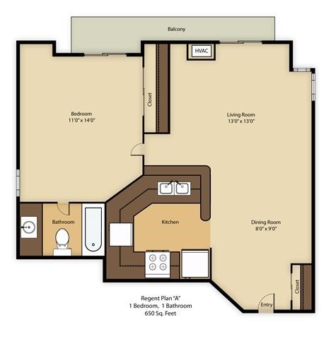 Floor plan for 1 bed, 1 bath, 575 sqft