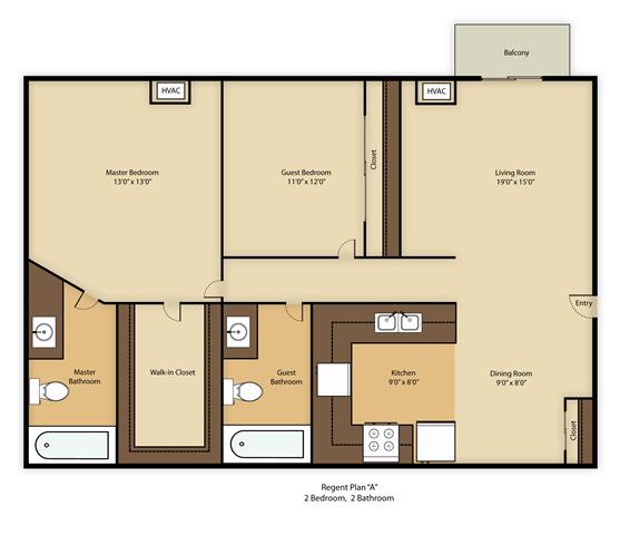 Floor plan for 2 beds, 2 baths, 850 sqft
