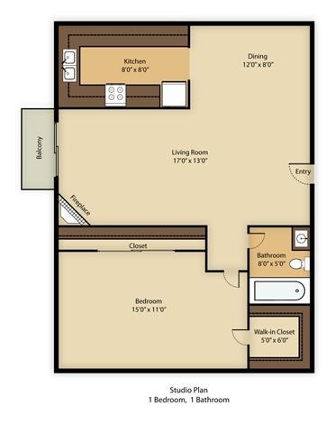 Floor plan for 1 bed, 1 bath, 803 sqft