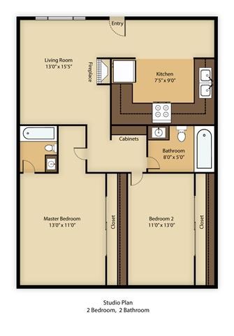 Floor plan for 2 beds, 2 baths, 1013 sqft
