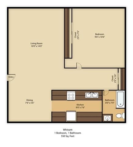 Floor plan for 1 bed, 1 bath, 529 sqft