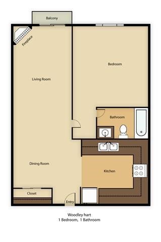 Floor plan for 1 bed, 1 bath, 636 sqft
