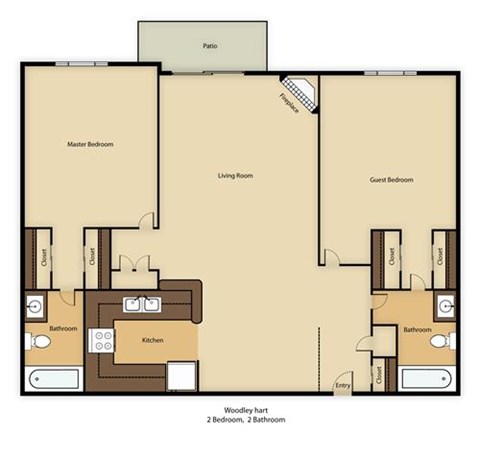 Floor plan for 2 beds, 2 baths, 1067 sqft