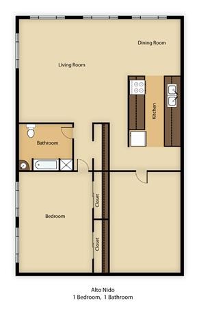 Floor plan for 1 bed, 1 bath, 780 sqft