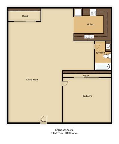 Floor plan for 1 bed, 1 bath, 1000 sqft
