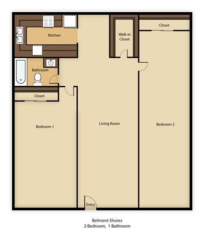 Floor plan for 2 beds, 1 bath, 950 sqft