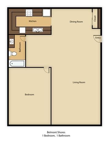 Floor plan for 1 bed, 1 bath, 800 sqft