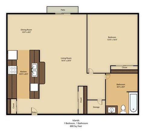 Floor plan for 1 bed, 1 bath, 650 sqft