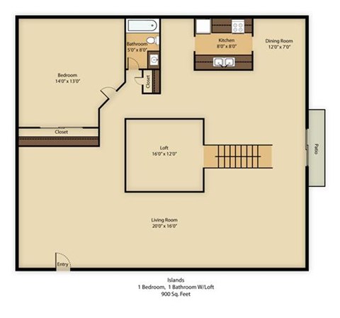 Floor plan for 1 bed, 1 bath, 1050 sqft
