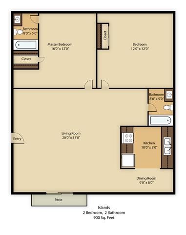 Floor plan for 2 beds, 2 baths, 1300 sqft