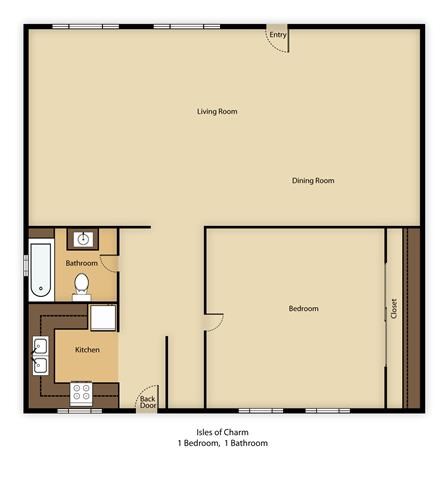 Floor plan for 1 bed, 1 bath, 734 sqft