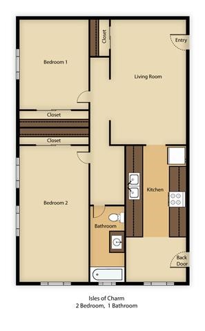 Floor plan for 2 beds, 1 bath, 868 sqft