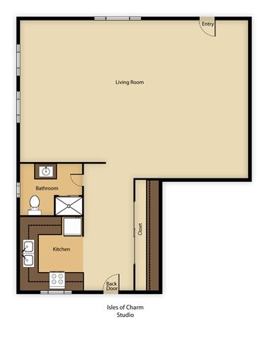 Floor plan for studio, 1 bath, 640 sqft