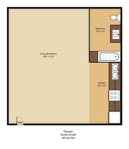 Floor plan for studio, 1 bath, 281 sqft