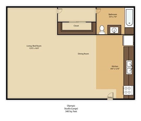Floor plan for studio, 1 bath, 340 sqft