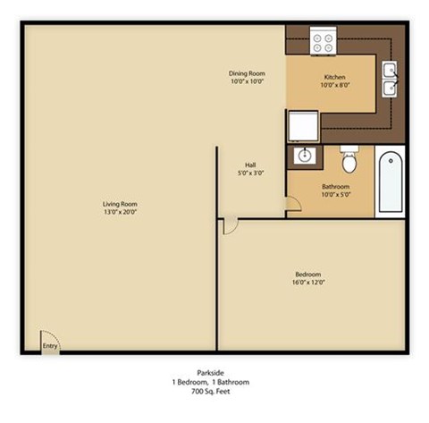 Floor plan for 1 bed, 1 bath, 700 sqft