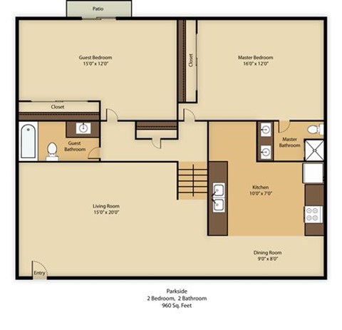 Floor plan for 2 beds, 2 baths, 960 sqft