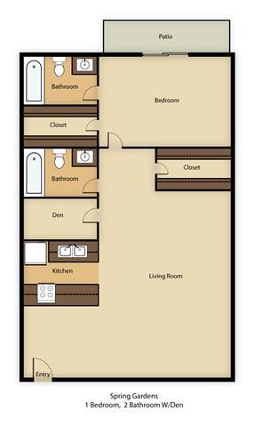 Floor plan for 1 bed, 2 baths, 1093 sqft