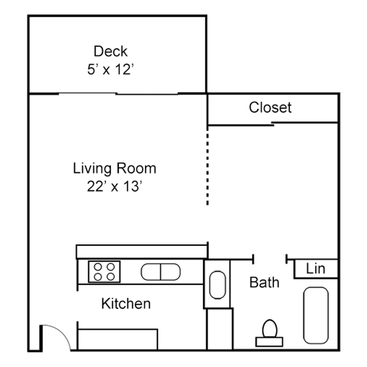 Floor plan for studio, 1 bath, 500 sqft