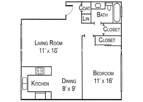 Floor plan for 1 bed, 1 bath, 700 sqft