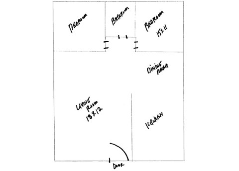 Floor plan for 2 beds, 1 bath, 944 sqft