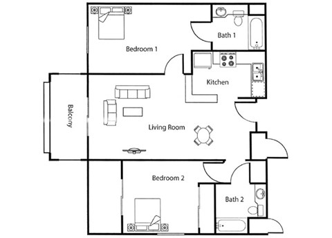 Floor plan for 2 beds, 2 baths, 1050 sqft