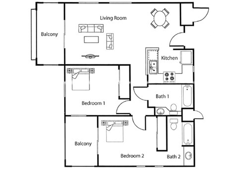 Floor plan for 2 beds, 2 baths, 964 sqft