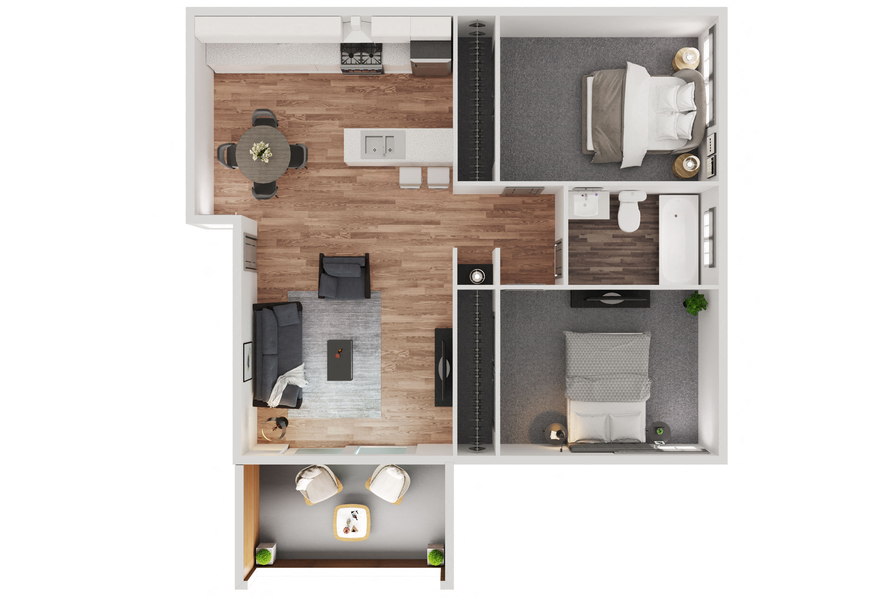 Floor plan for 2 beds, 1 bath, 750 sqft