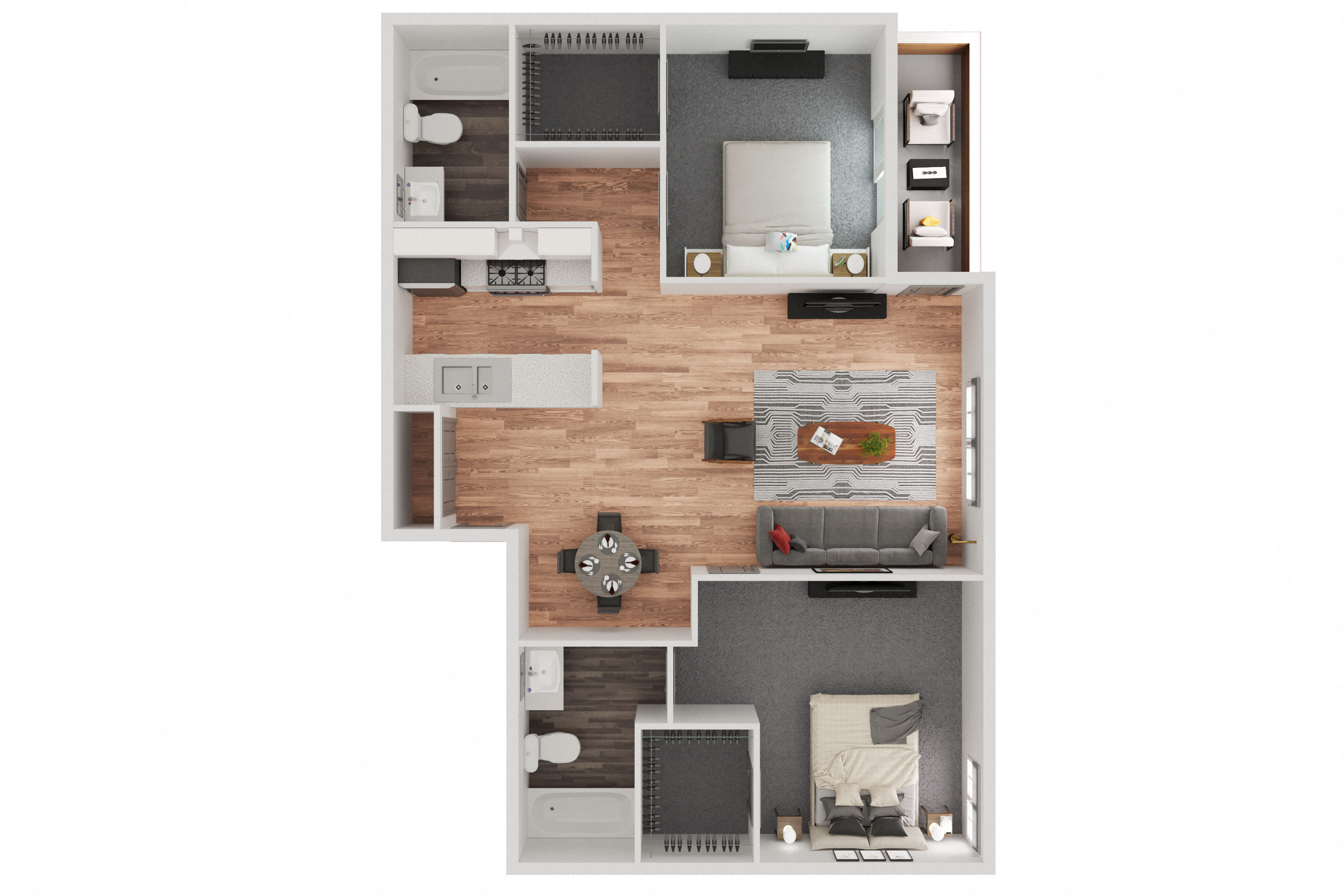 Floor plan for 2 beds, 2 baths, 950 sqft