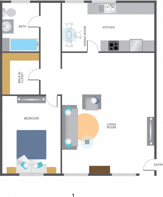 Floor plan for 1 bed, 1 bath, 600 sqft