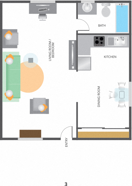 Floor plan for studio, 1 bath, 400 sqft
