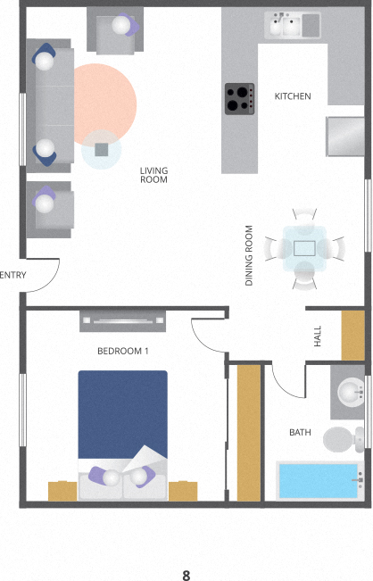 Floor plan for 1 bed, 1 bath, 600 sqft